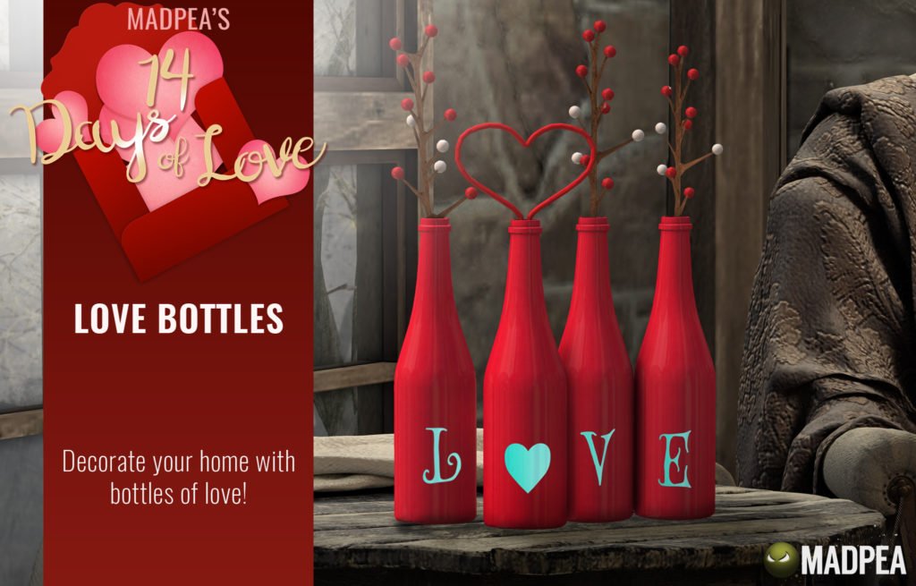 Červené fľaše s nápisom LOVE tyrkysovej farby na drevenom konferenčnom stolíku