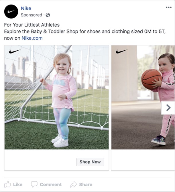 Reklama Nike na Facebooku na detské oblečenie