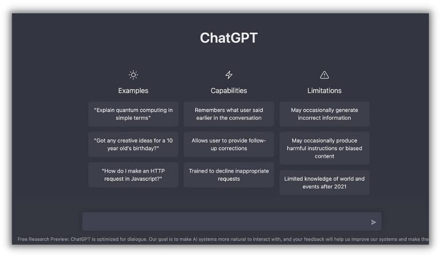 Printscreen úvodnej obrazovky aplikácie ChatGPT v anglickom jazyku