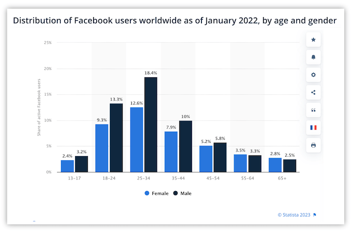 Grafické znázornenie používateľov Facebooku podľa veku a pohlavia.