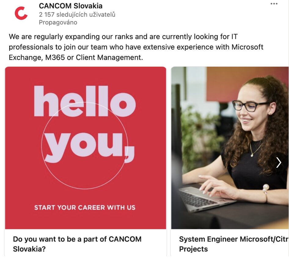 Ukážka reklamy firmy Cancom SK na LinkedIn